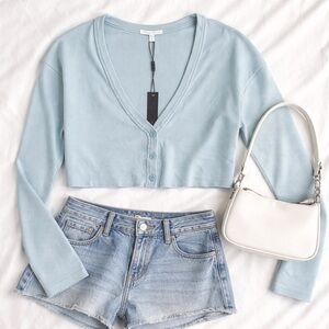 Indah Cropped Ribbed Cardigan Blue Button Front Top Size Small Y2K